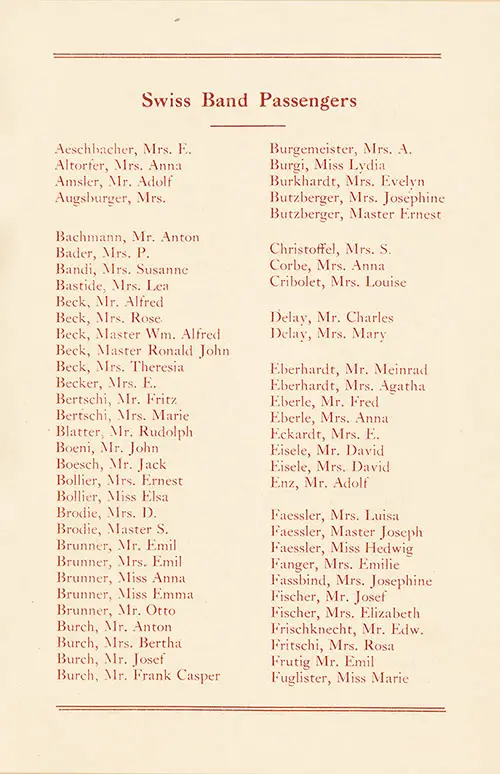 Swiss Band Passengers, Page 1 of 3, SS Rotterdam Swiss Band Passenger List, 2 June 1928.