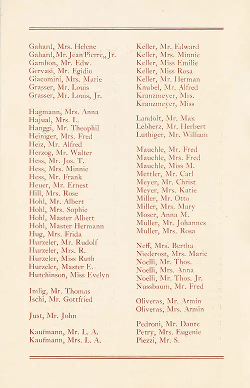 Swiss Band Passengers, Page 2 of 3, SS Rotterdam Swiss Band Passenger List, 2 June 1928.