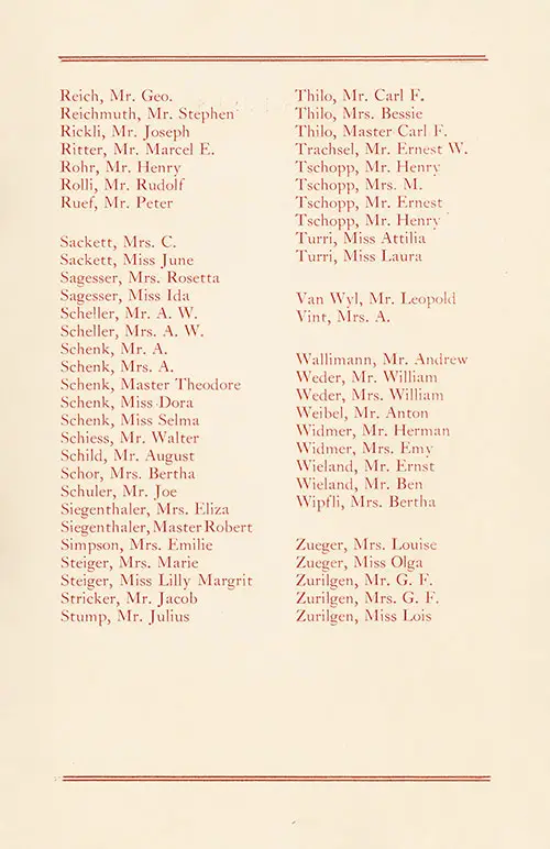 Swiss Band Passengers, Page 3 of 3, SS Rotterdam Swiss Band Passenger List, 2 June 1928.
