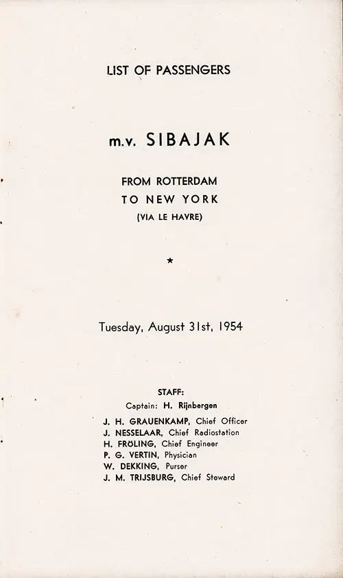 Title Page, MV Sibajak Passenger List, 1 September 1954.