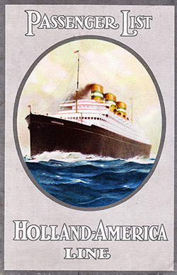 Front Cover, First Class and Second Cabin Passenger List, SS Statendam of the Holland-America Line, Departing Friday, 4 July 1930, from Rotterdam to New York.