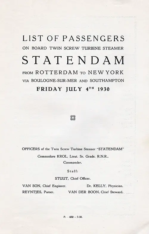 Title Page with Listing of Senior Officers and Staff, SS Statendam First Class and Second Cabin Passenger List, 4 July 1930.