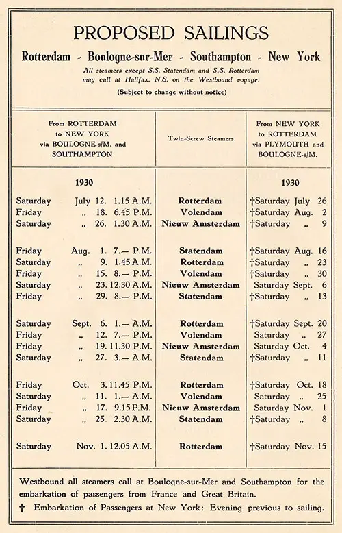 Sailing Schedule, Rotterdam-Boulogne-Southampton-New York, from 12 July 1930 to 15 November 1930.