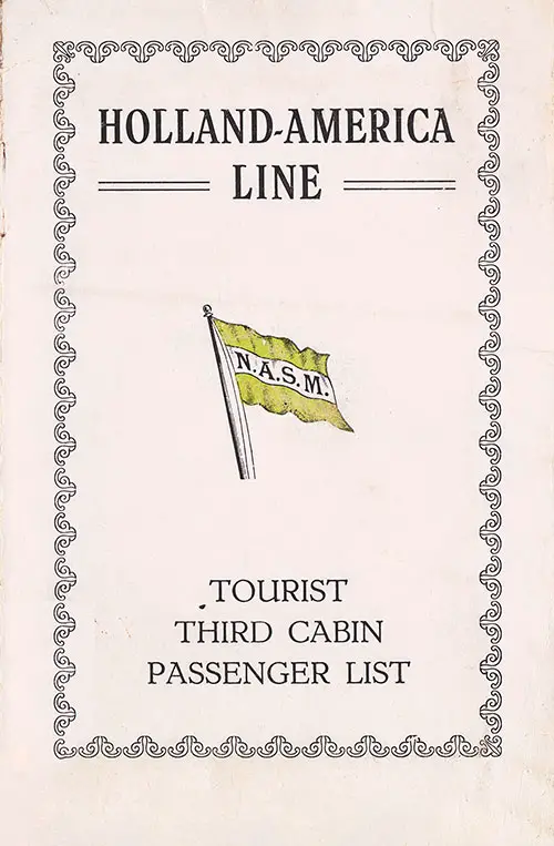 Front Cover of a Tourist Third Cabin Passenger List for the SS Veendam of Holland-America Line, Departing 3 August 1926 from Rotterdam to New York via Boulogne-sur-Mer and Southampton