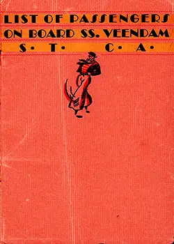 Front Cover of a STCA Passenger List from the TSS Veendam of the Holland-America Line, Departing 16 June 1928 from New York to Rotterdam via Plymouth and Boulogne-sur-Mer.