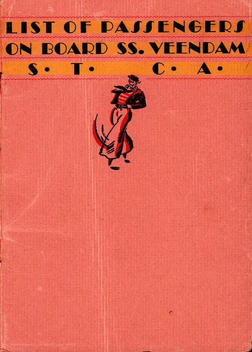 Front Cover of a STCA Passenger List from the TSS Veendam of the Holland-America Line, Departing 16 June 1928 from New York to Rotterdam via Plymouth and Boulogne-sur-Mer.