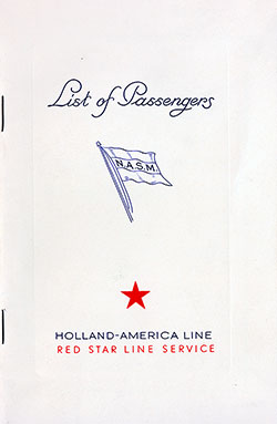 Front Cover of a Cabin, Tourist and Third Class Passenger List for the SS Volendam of the Holland-America Line, Departing 9 September 1939 from Antwerp to New York