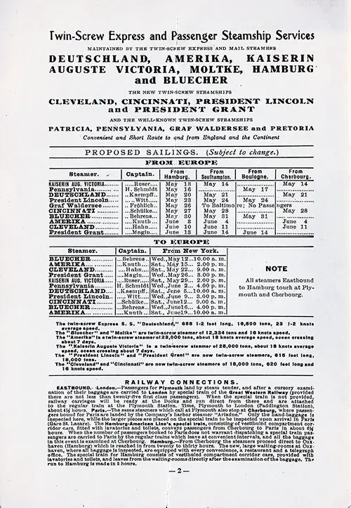 Sailing Schedule, Hamburg-Southampton-Boulogne-Cherbourg-New York and New York-Plymouth-Cherbourg-Hamburg, from 12 May 1909 to 19 June 1909.