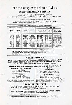 Sailing Schedule, New York-Gibraltar-Naples-Genoa and Genoa-Naples-New York, from 30 April 1909 to 4 November 1909.