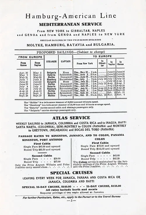 Sailing Schedule, New York-Gibraltar-Naples-Genoa and Genoa-Naples-New York, from 30 April 1909 to 4 November 1909.