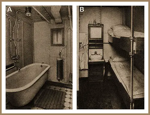 Third-Class Bath (A) and Typical Stateroom (B) on the SS Deutschland (1923).