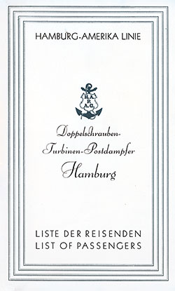 Front Cover of a Tourist Third Cabin and Third Class Passenger List for the SS Hamburg of the Hamburg America Line, Departing 19 April 1929 from Hamburg to New York