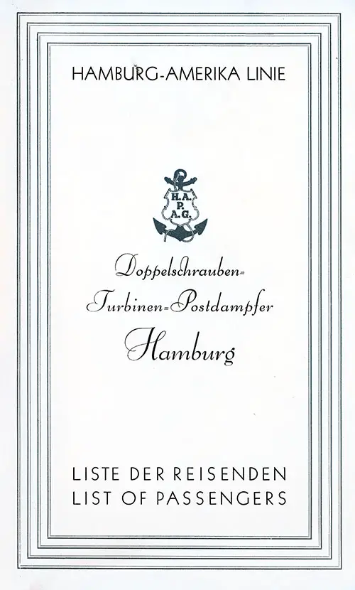 Front Cover of a Tourist Third Cabin and Third Class Passenger List for the SS Hamburg of the Hamburg America Line, Departing 19 April 1929 from Hamburg to New York