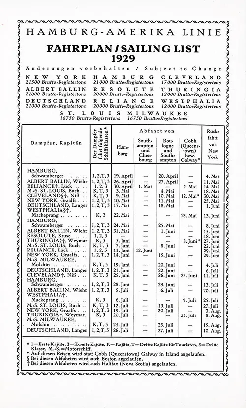Proposed Sailing List, Hamburg-Boulogne sur Mer-Southampton-New York, from 19 April 1929 to 15 August 1929.