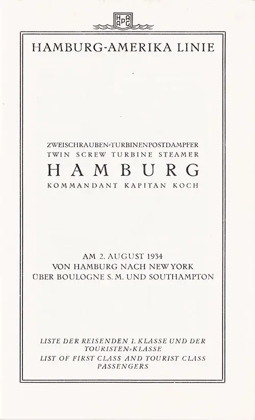 Title Page, SS Hamburg First and Tourist Class Passenger List, 2 August 1934.