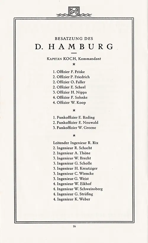 List of Officers and Staff, SS Hamburg First and Tourist Class Passenger List, 2 August 1934.