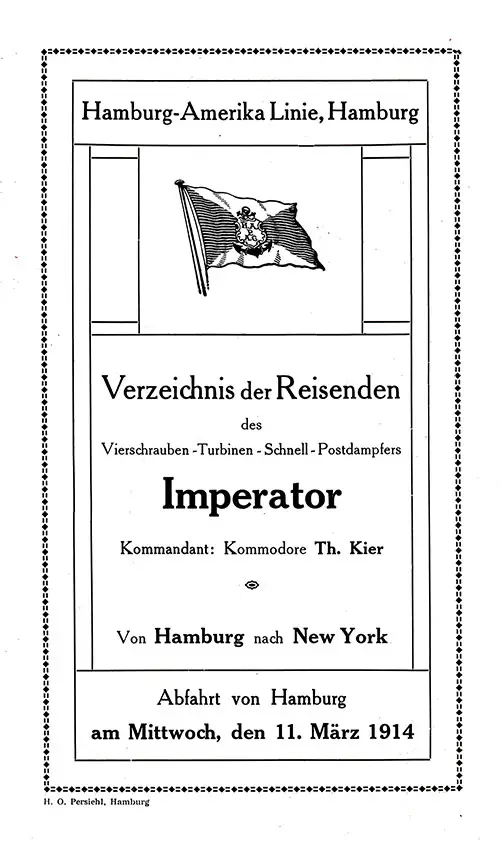 Title Page, SS Imperator First and Second Cabin Passenger List, 11 March 1914.
