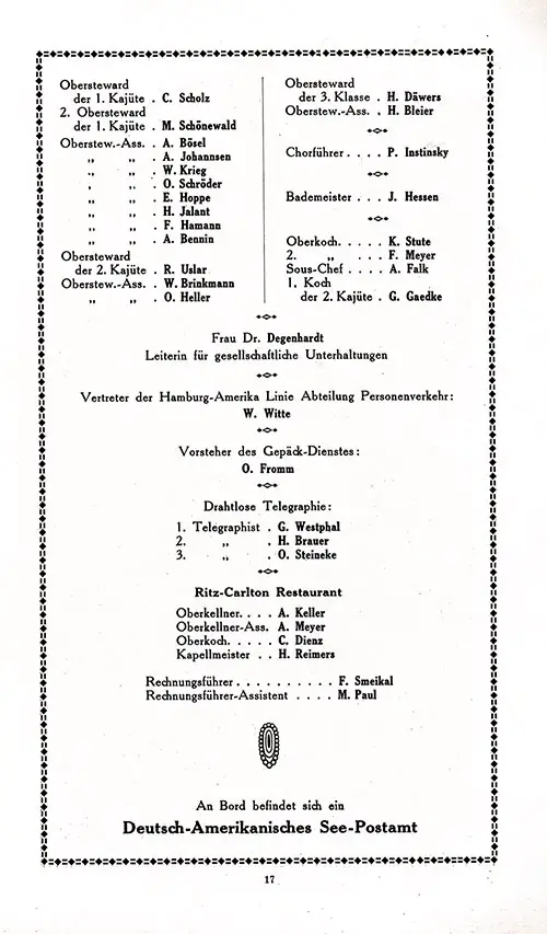 Senior Officers and Staff, Part 2 of 2, SS Imperator Voyage of from Hamburg to New York, 11 March 1914.