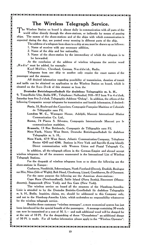 The Wireless Telegraph Service, SS Imperator First and Second Cabin Passenger List, 11 March 1914.