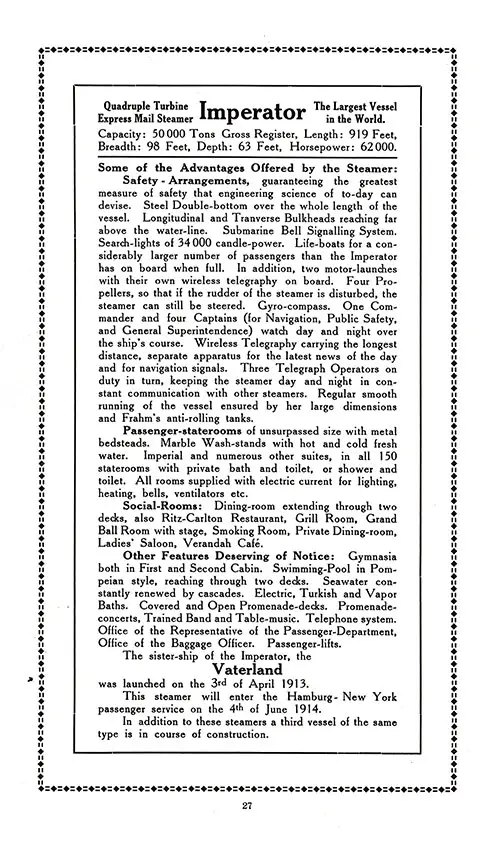 Features of the SS Imperator and Launching of the SS Vaterland, SS Imperator First and Second Cabin Passenger List, 11 March 1914.