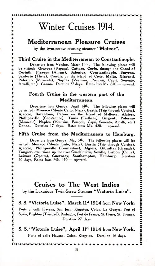 Advertisement: Winter Cruises 1914, SS Imperator First and Second Cabin Passenger List, 11 March 1914.