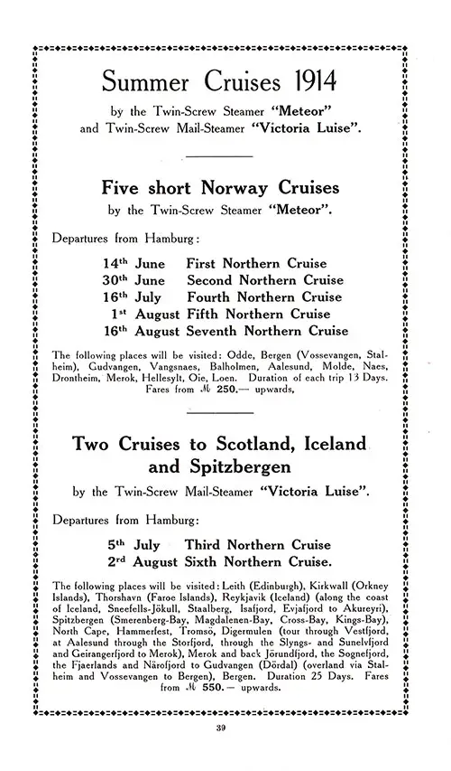 Advertisement for Summer Cruises 1914, SS Imperator First and Second Cabin Passenger List, 11 March 1914.