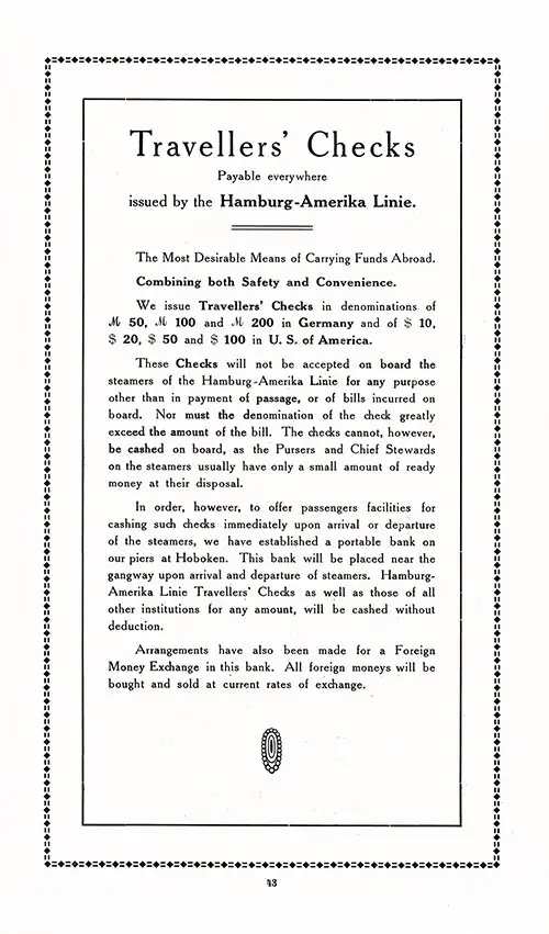 Hamburg-American Line Travelers' Checks, SS Imperator First and Second Cabin Passenger List, 11 March 1914.