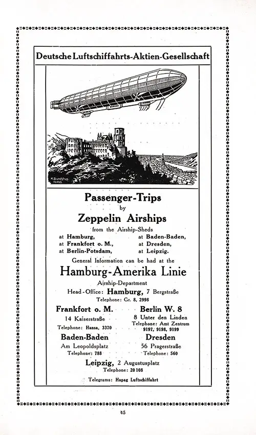 Advertisement: Passenger Trips by Zeppelin Airships. SS Imperator First and Second Cabin Passenger List, 11 March 1914.