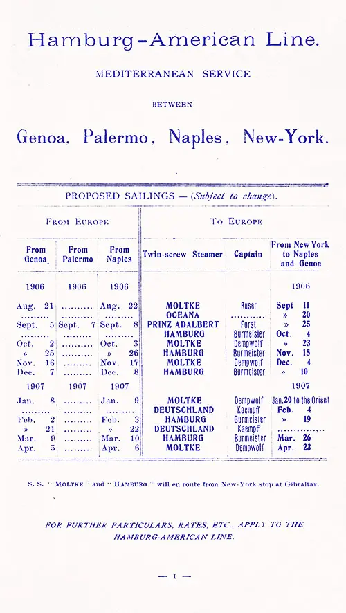 Sailing Schedule, Mediterranean Service (Genoa-Palermo-Naples-New York), from 21 August 1906 to 23 April 1907.