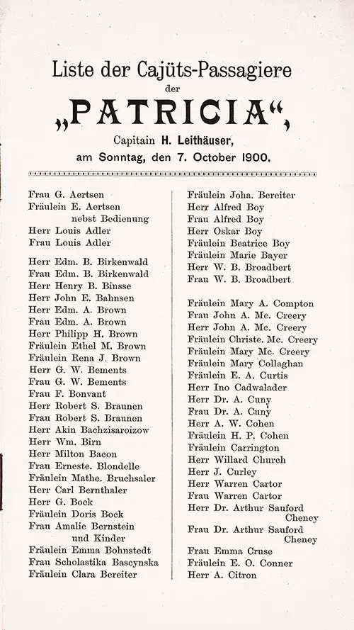 Front Cover of a Cabin Passenger List for the SS Patricia of the Hamburg America Line, Departing 7 October 1900 from Hamburg to New York via Boulogne-sur-Mer and Plymouth