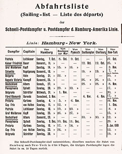 Sailing Schedule, Hamburg-New York via Boulogne-sur-Mer, Plymouth, Southampton, and Cherbourg, from 7 October 1900 to 19 January 1901.