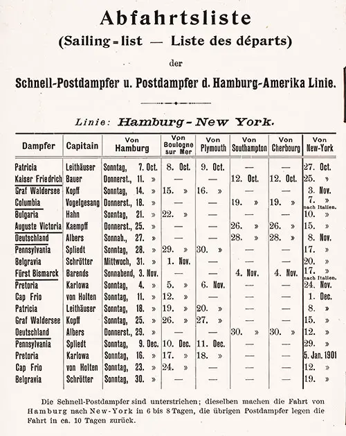 Sailing Schedule, Hamburg-New York via Boulogne-sur-Mer, Plymouth, Southampton, and Cherbourg, from 7 October 1900 to 19 January 1901.