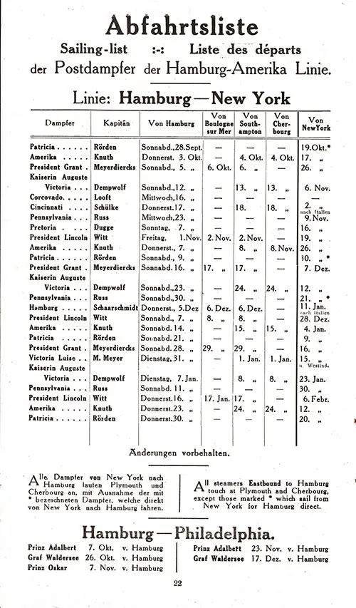 Sailing Schedule, Hamburg-New York via Boulogne-sur-Mer, Southampton, and Cherbourg, from 4 October 1912 to 20 February 1913.