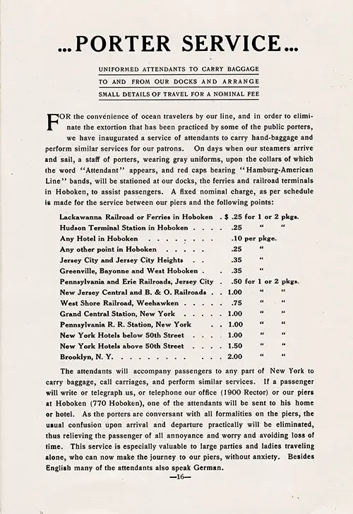 Porter Service in New York Metropolitan Area by Hamburg-American Line.