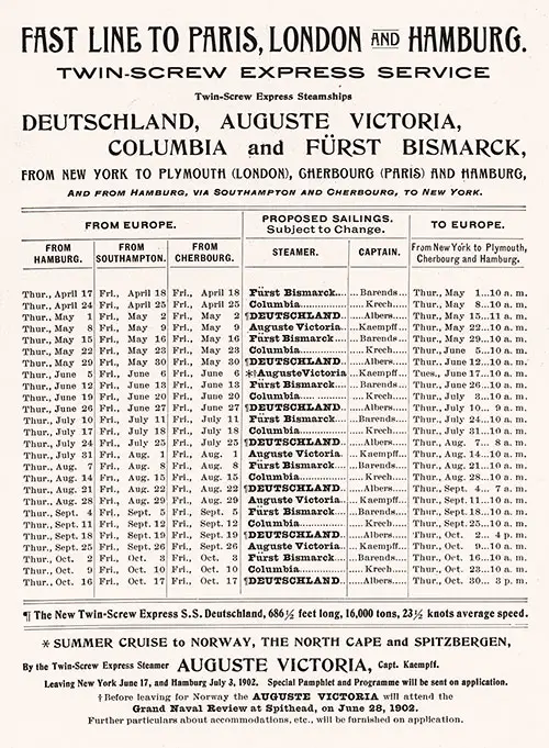 Sailing Schedule, Hamburg-Southampton-Cherbourg-New York and New York-Plymouth-Cherbourg-Hamburg, from 17 April 1902 to 30 October 1902.