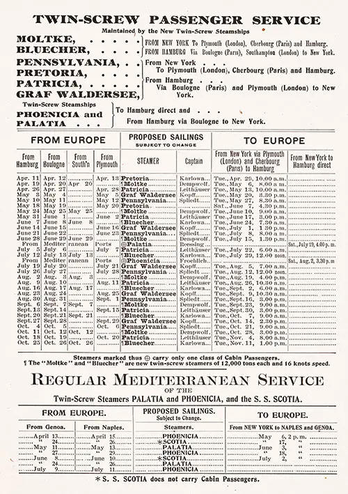 Sailing Schedule, Hamburg-Boulogne-Southampton-Plymouth and New York-Plymouth-Cherbourg- Hamburg, from 11 April 1902 to 26 October 1902.