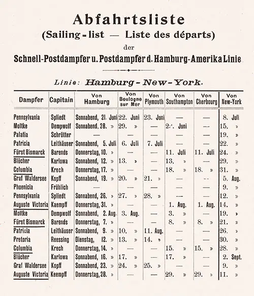 Sailing Schedule, Hamburg - Boulogne-sur-Mer - Plymouth - Southampton - Cherbourg - New York, from 21 June to 11 September 1902.