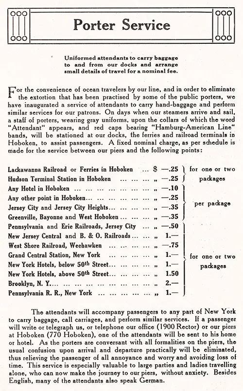 Porter Service, Hamburg-American Line, 1913.