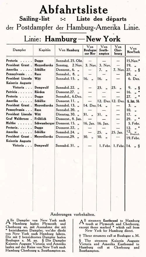 Sailing Schedule, Hamburg-Bologne-Southampton-Cherbourg-New York, from 25 October 1913 to 19 February 1914.