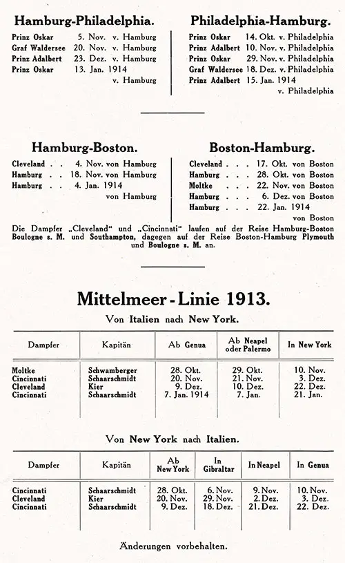 Sailing Schedule, Hamburg-Philadelphia, Hamburg-Boston, Genoa-Naples-Palermo-NewYork, and New York-Gibraltar-Naples-Genoa, from 28 October 1913 to 22 January 1914.