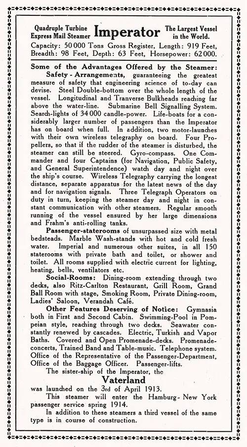 Information Sheet on the SS Imperator of the Hamburg-American Line, 1913.