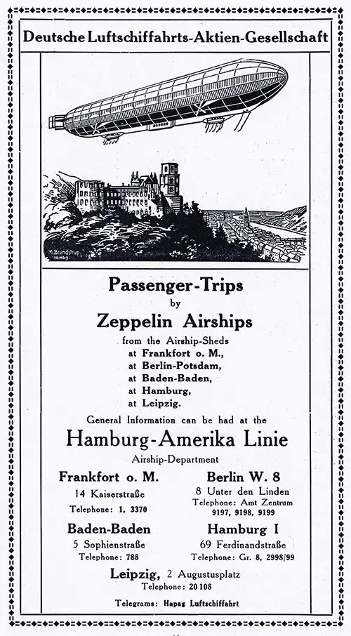 Advertisement for the Zepplin Airships Passenger Trips, 1913.