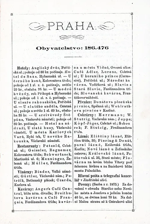 Travel Information About Prague, Population 186,476, 1885.