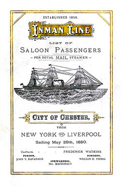 Front Cover, Cabin Passenger List from the SS City of Chester of the Inman Line, Departing 1880-05-29 from New York to Liverpool.