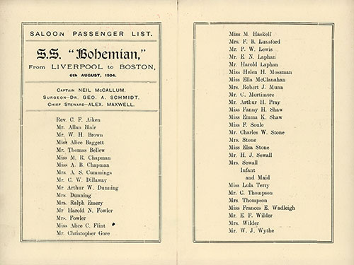 Passengers, Passenger List, SS Bohemian, Leyland Line, 6 August 1904.