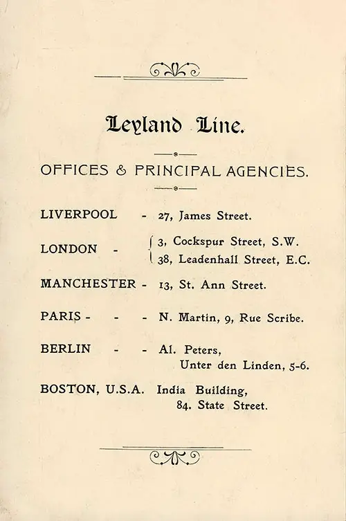 Back Cover, Passenger List, SS Bohemian, Leyland Line, 6 August 1904.