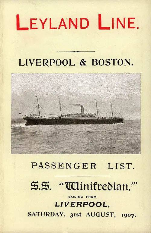 Front Cover, Saloon Passenger List, SS Winifredian, Leyland Line, 31 August 1907.