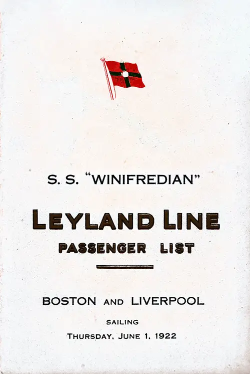 Front Cover, Cabin Passenger List, SS Winifredian, Leyland Line, 1 June 1922.