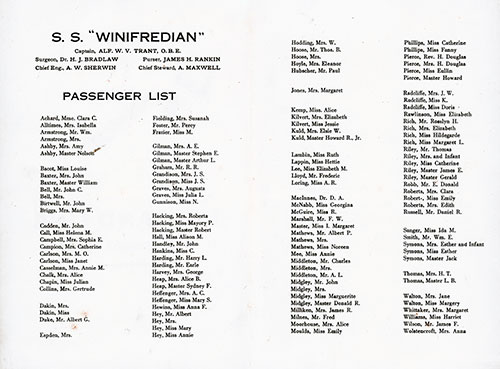 List of Passengers, Cabin Passenger List, SS Winifredian, Leyland Line, 1 June 1922.