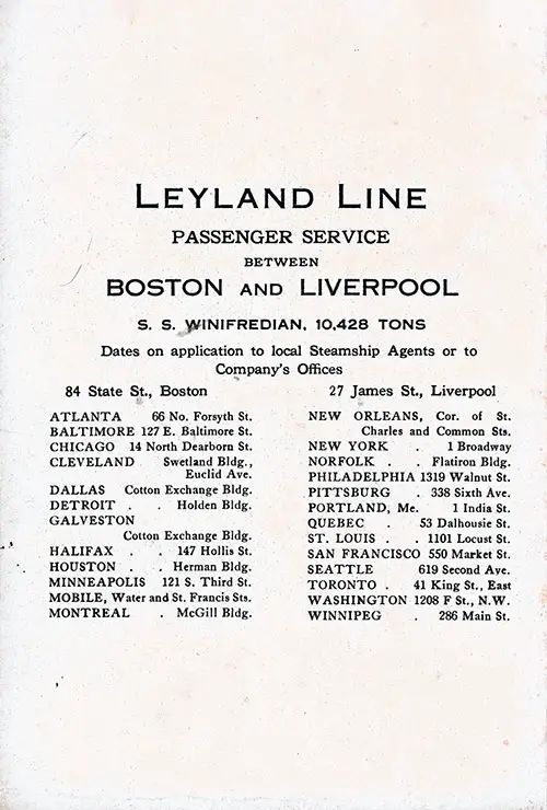 Offices and Agencies, Back Cover, Cabin Passenger List, SS Winifredian, Leyland Line, 1 June 1922.